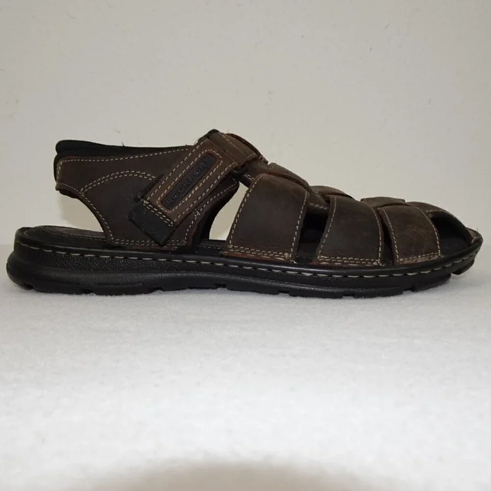 Rockport Fisherman Sandals Men’s Size 10 Brown Leather Casual Comfort Easy Close